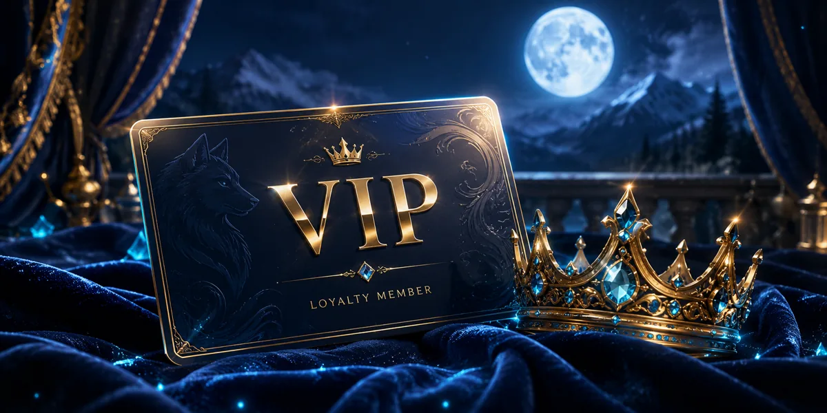 Wolf Winner Casino VIP: a gold VIP card and crown on purple velvet